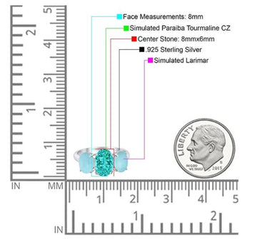 3-Stone Oval Simulated Larimar Center Stone Paraiba Fashion Ring 925 Sterling Silver